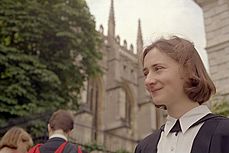 Katy Roucoux with her favourite background - Senate House, Cambridge - Graduation 2001
