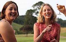 Marni Gaskell and Vicky Pope sharing bubbles and gossip - Clare and David's Wedding