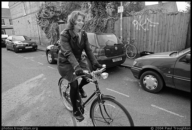 Sophie Sumner cycling on Paul's bike - Cambridge