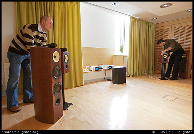 Moving speakers during the BandW speaker placement demonstration - AES UK Audio Technical Education Day 2005